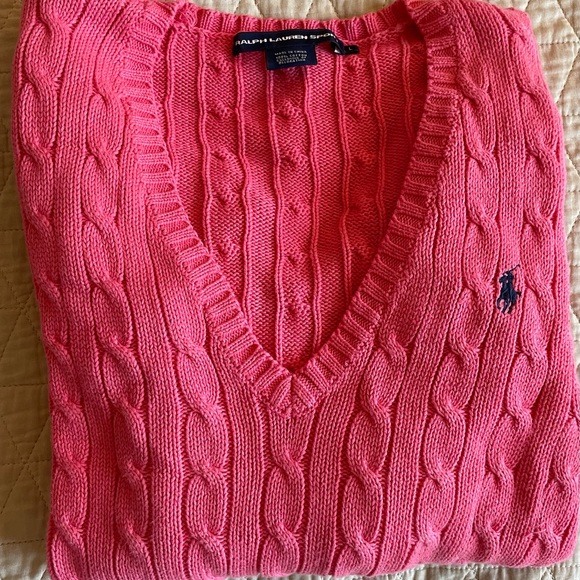 RALPH LAUREN SPORT Vintage Cotton Cable Knit Deep V-Neck Sweater in Pink Size L - Picture 1 of 4
